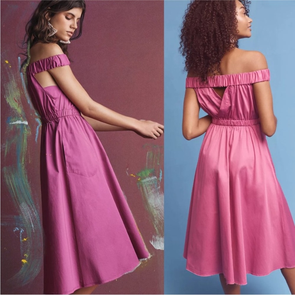 Maeve "Mona" off the shoulder magenta cotton dress w/pockets 30" from waist